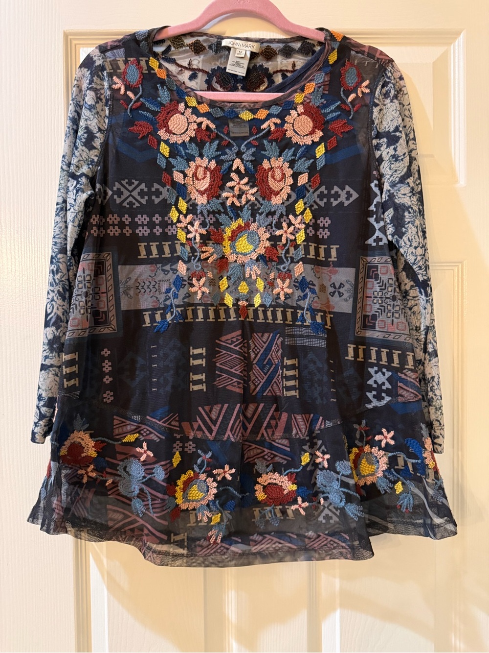 John Mark Navy, Pink and Brown Embroidered Mesh Top with Tank sewn in
